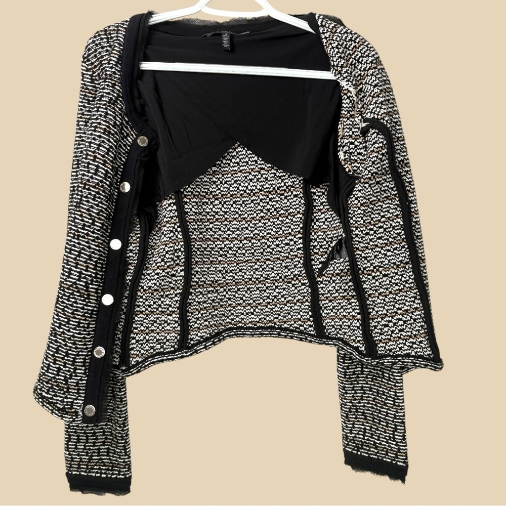WHBM Women’s‎ S Crop Sweater Jacket Dark Coquette Tweed Black Ecru Goth Office - Picture 9 of 13